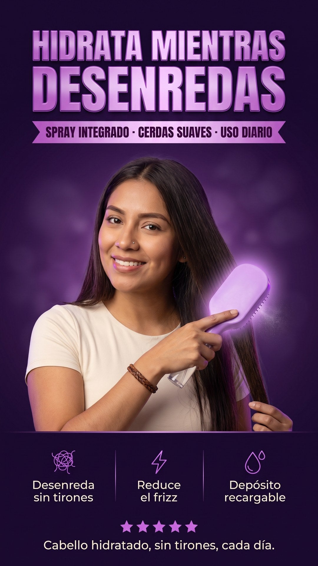 Mujer usando el cepillo con rociador 2 en 1 para desenredar e hidratar su cabello