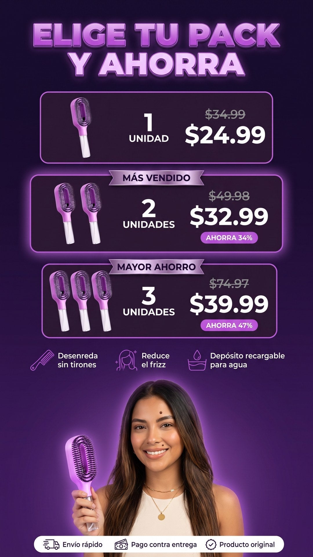 Packs de 1, 2 y 3 unidades del cepillo con rociador 2 en 1, mostrando la cantidad exacta de cepillos incluidos en cada pack, con precios de oferta y ahorro