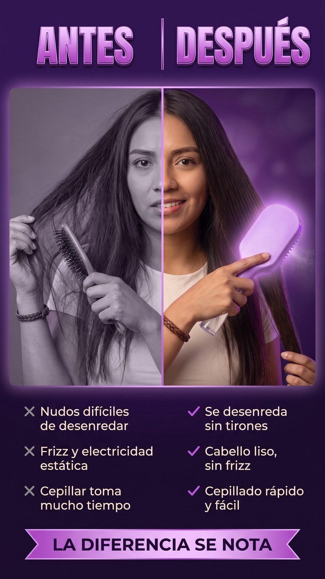 Antes y después de usar el cepillo con rociador 2 en 1: cabello enredado y con frizz versus cabello liso e hidratado