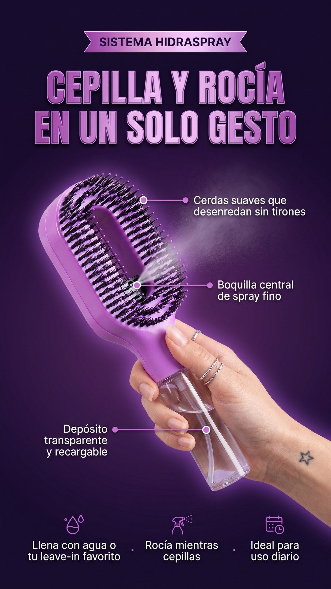 Sistema de spray integrado del cepillo con rociador 2 en 1: cerdas suaves, boquilla central y depósito recargable