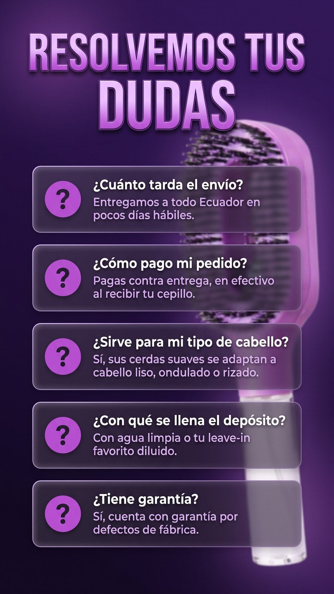 Preguntas frecuentes sobre el cepillo con rociador 2 en 1: envío, pago contra entrega, tipo de cabello y garantía