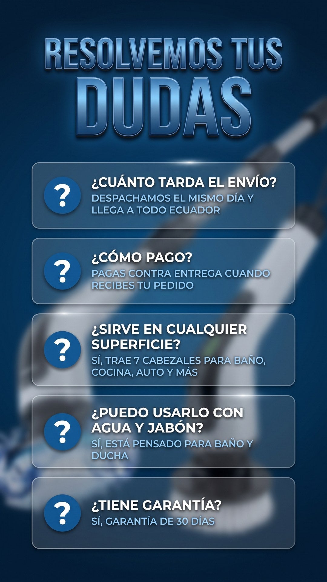 Preguntas frecuentes sobre el cepillo eléctrico giratorio 7en1: envío, pago, superficies y garantía