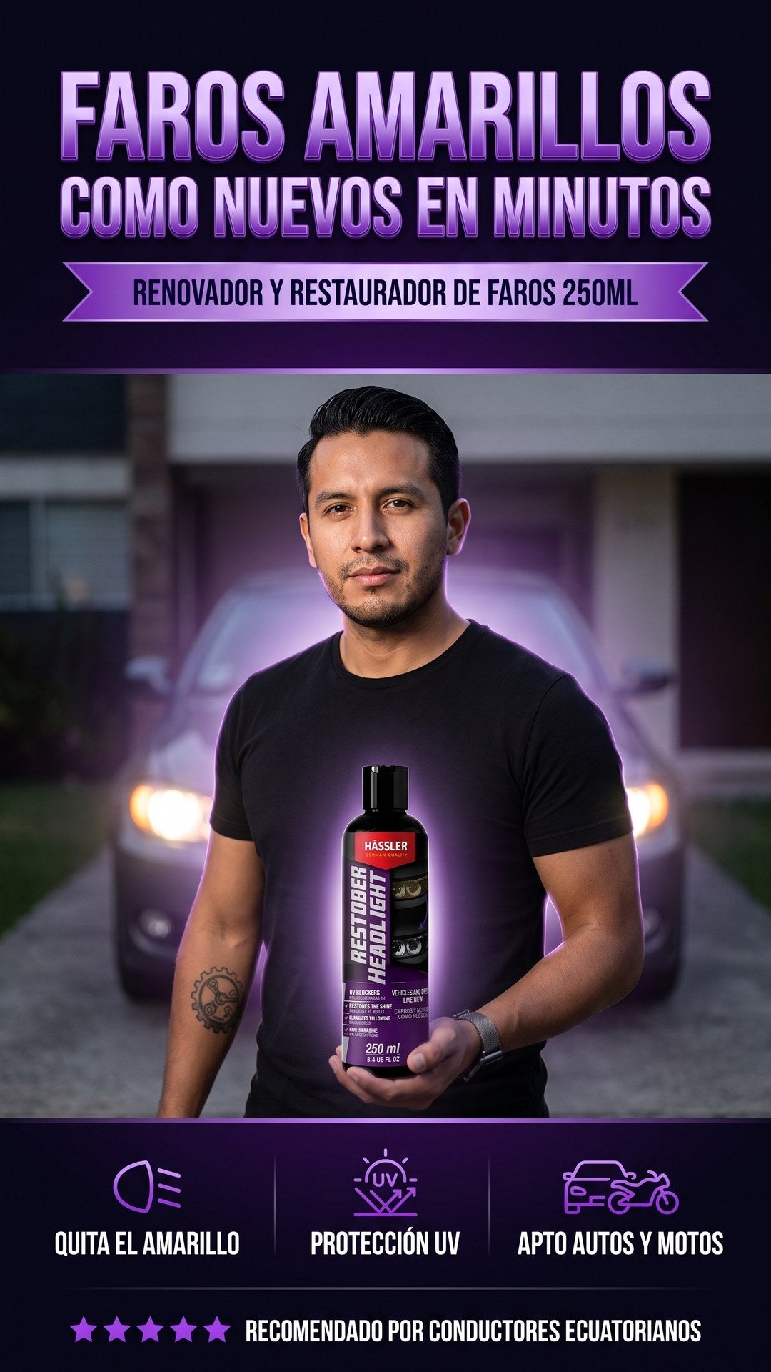 Hombre usando el renovador de faros Hässler Restober junto a su auto, sección hero: faros amarillos como nuevos en minutos