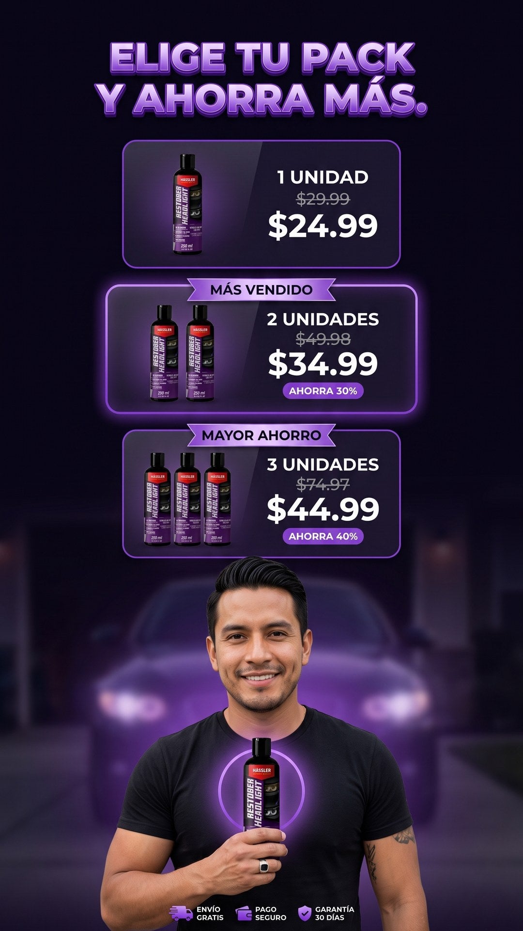 Packs de oferta del renovador de faros Hässler Restober: 1 unidad 24.99, 2 unidades 34.99 y 3 unidades 44.99