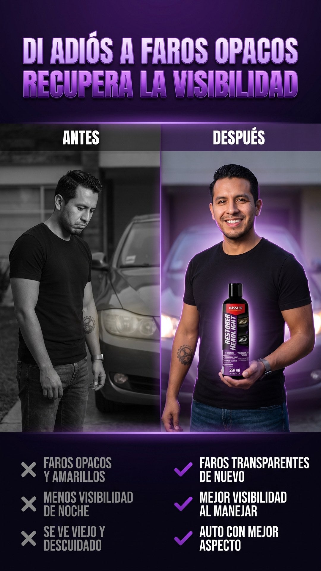Antes y después de usar el renovador de faros Hässler Restober: faro opaco y amarillento versus faro transparente