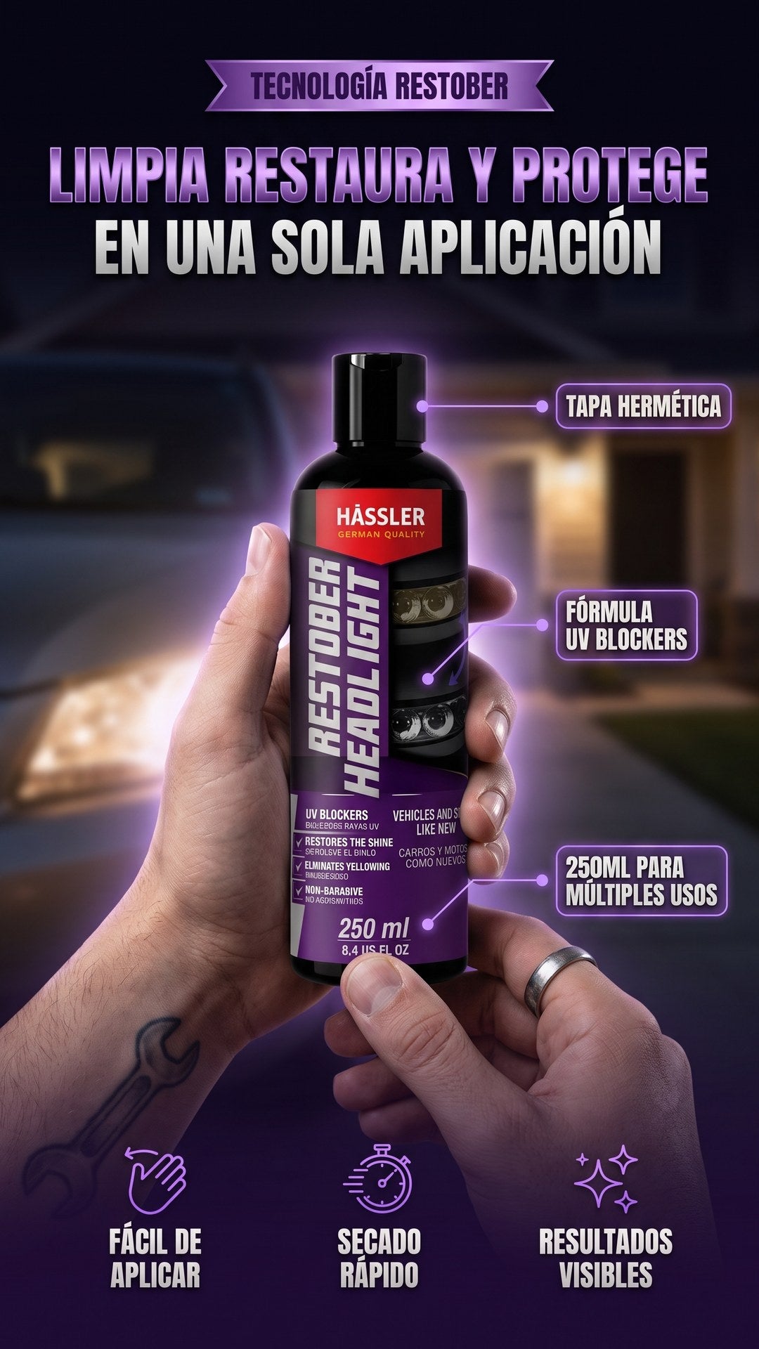 Mecanismo del renovador de faros Hässler Restober: tapa hermética, fórmula UV blockers y envase de 250ml