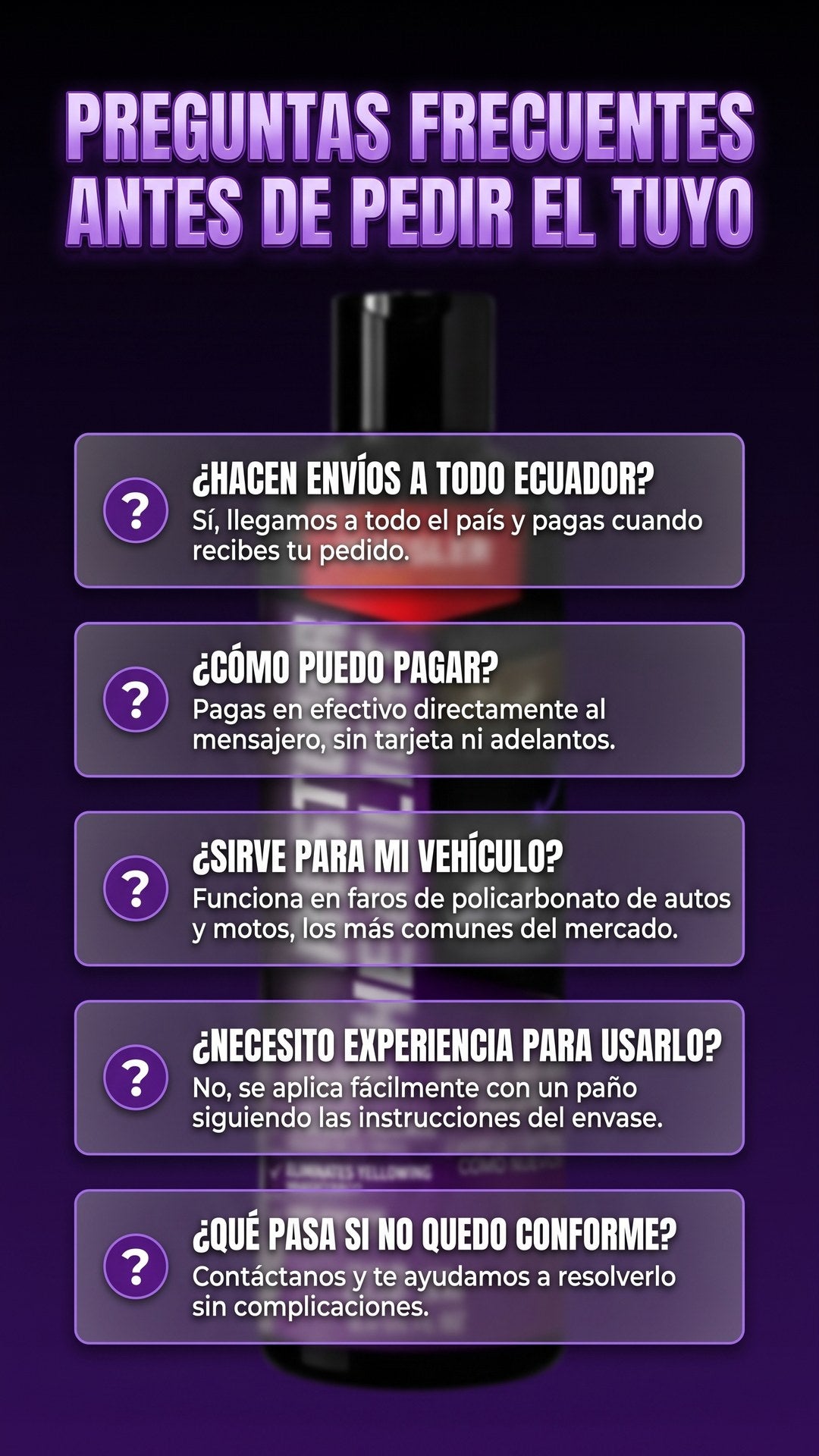 Preguntas frecuentes sobre el renovador de faros Hässler Restober: envío, pago, compatibilidad y garantía