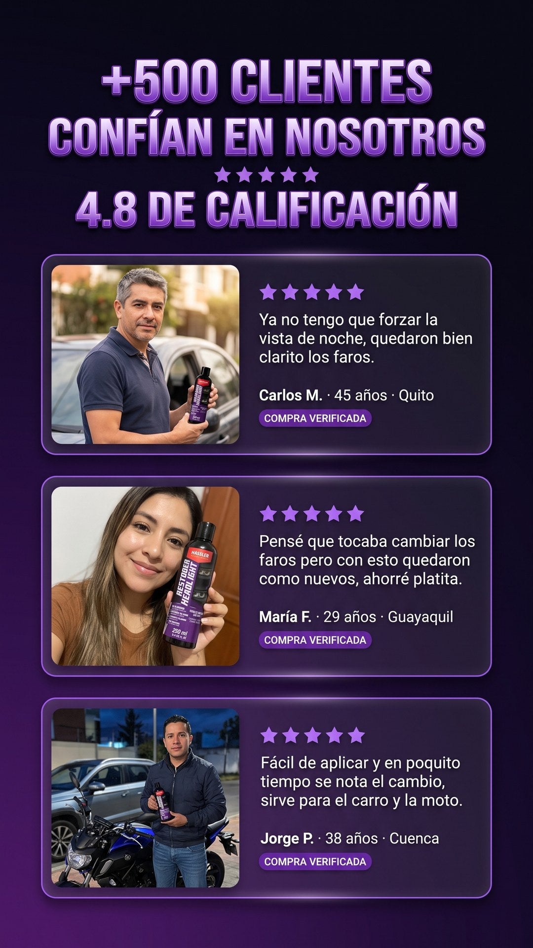 Reseñas de clientes ecuatorianos sobre el renovador de faros Hässler Restober con calificación de 5 estrellas