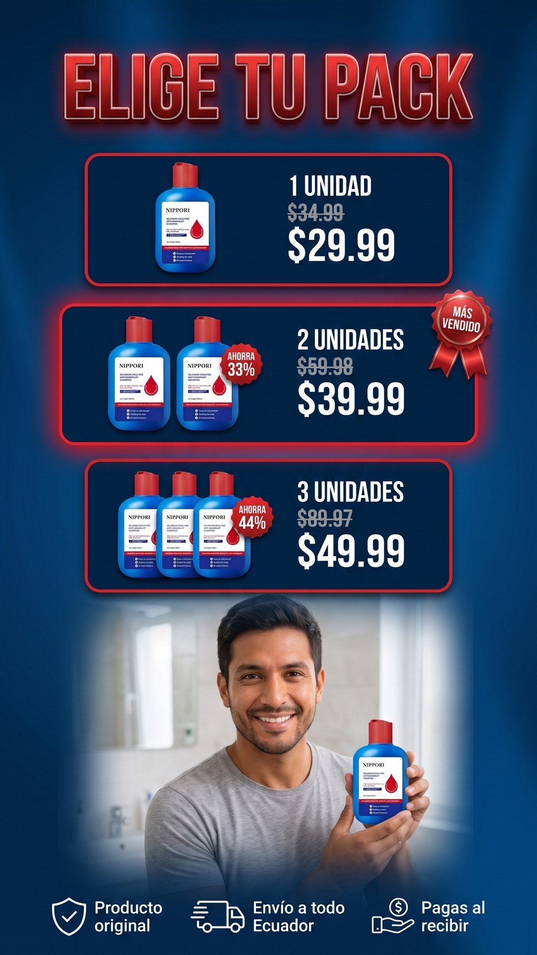 Packs de 1, 2 y 3 unidades del champú anticaspa NIPPORI con precios de oferta y ahorro