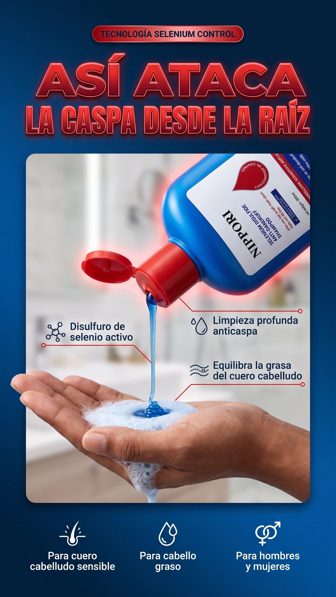 Champú NIPPORI con disulfuro de selenio activo aplicándose en la mano, mecanismo anticaspa y control de grasa