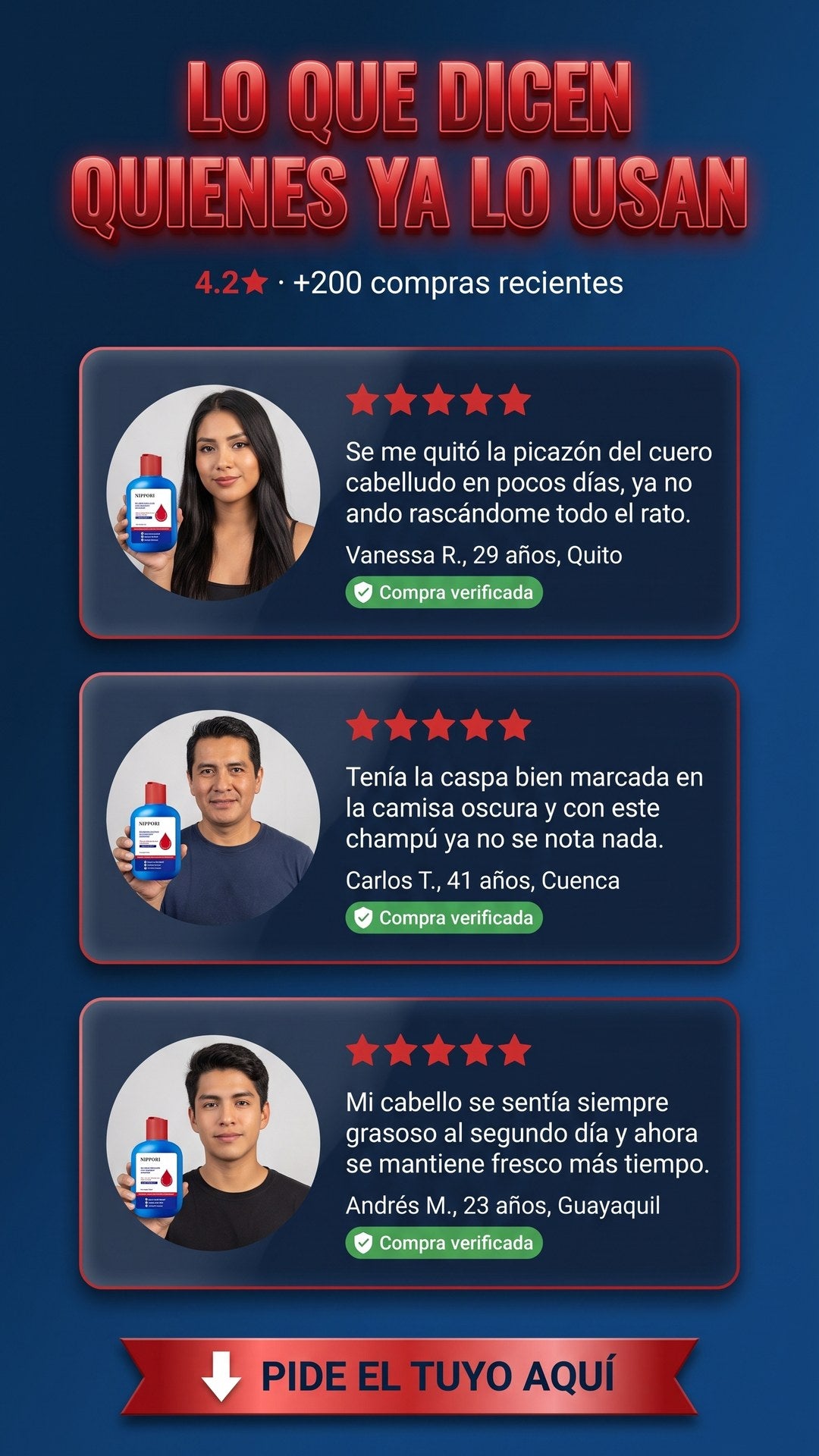 Reseñas de clientes en Ecuador sobre el champú anticaspa NIPPORI con calificación de 4.2 estrellas