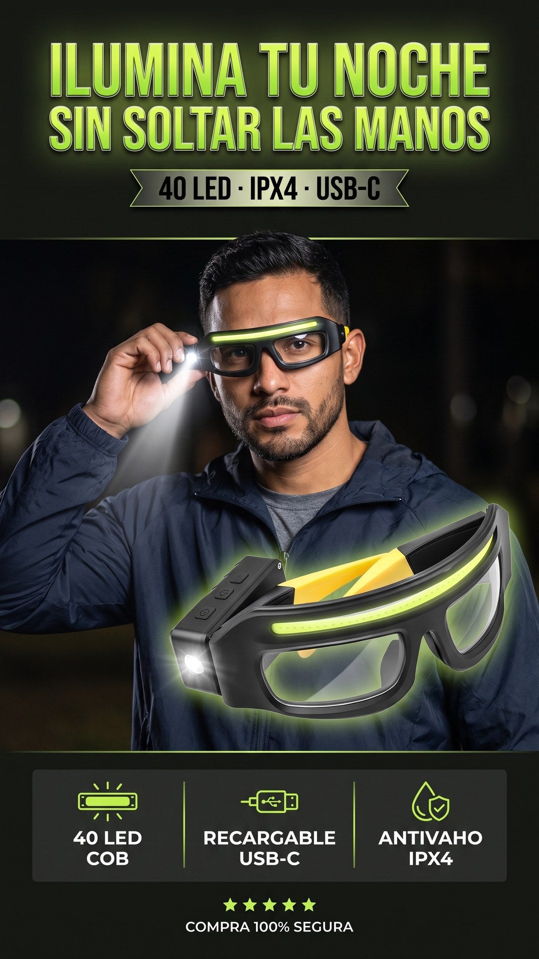 Hombre usando gafas de seguridad VOLTIX con luz LED lima integrada de noche