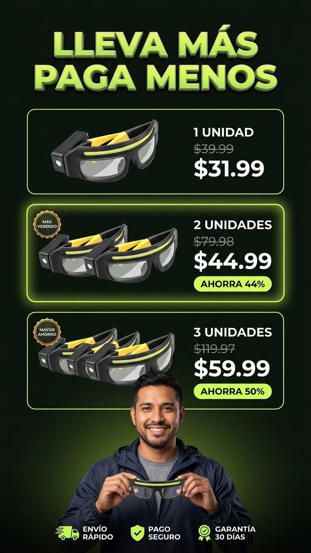 Packs de 1, 2 y 3 unidades de gafas LED VOLTIX con precios y ahorro