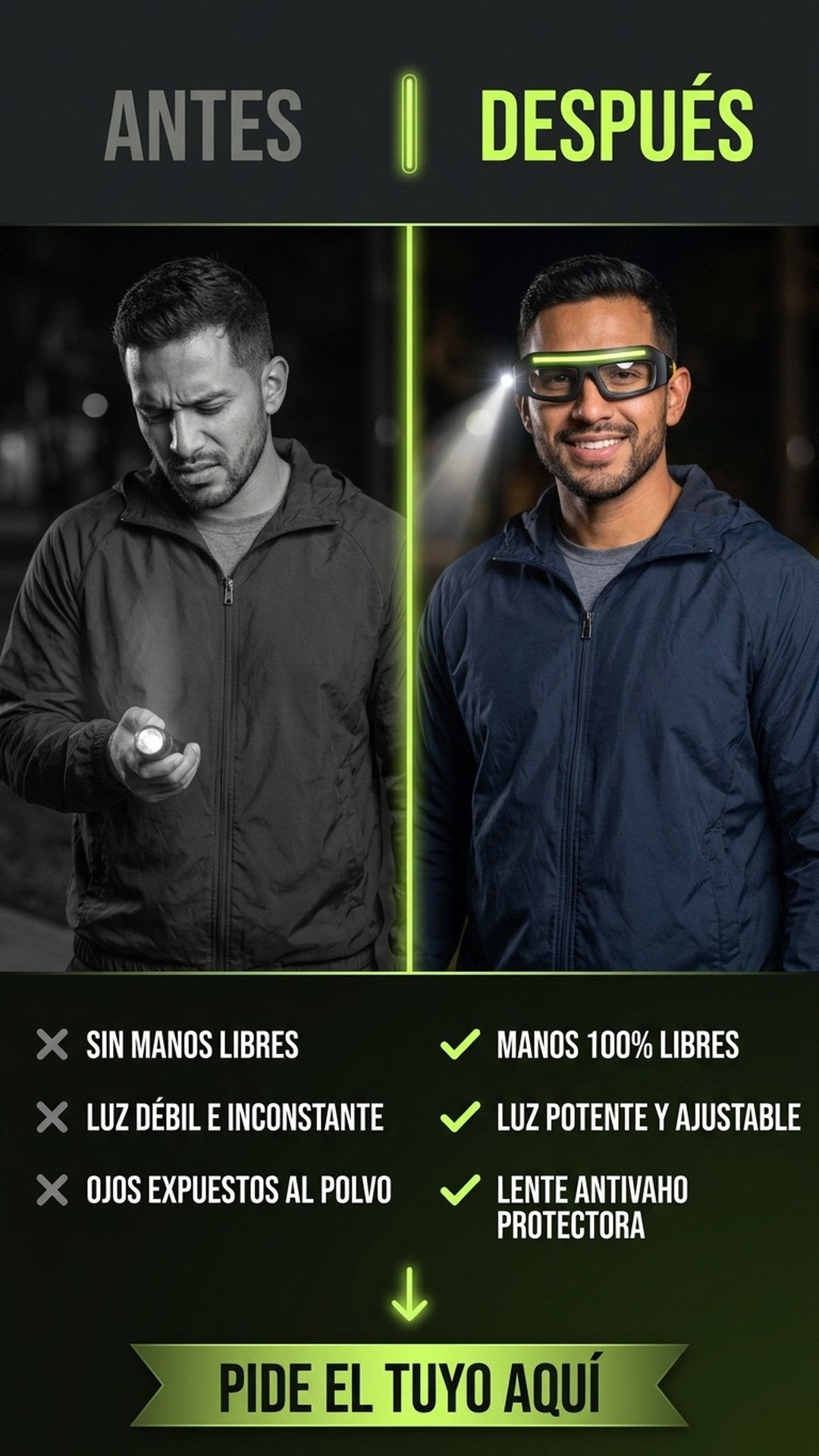 Antes y después: sin manos libres con linterna vs gafas LED VOLTIX manos libres