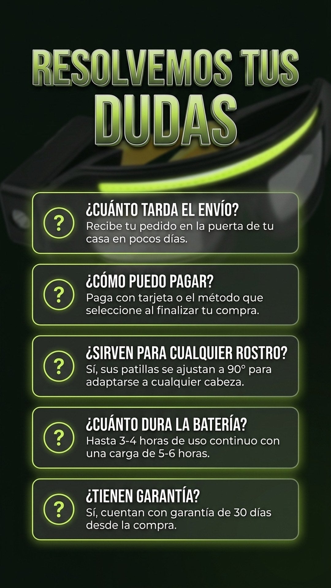 Preguntas frecuentes sobre envío, pago, ajuste, batería y garantía de las gafas LED VOLTIX