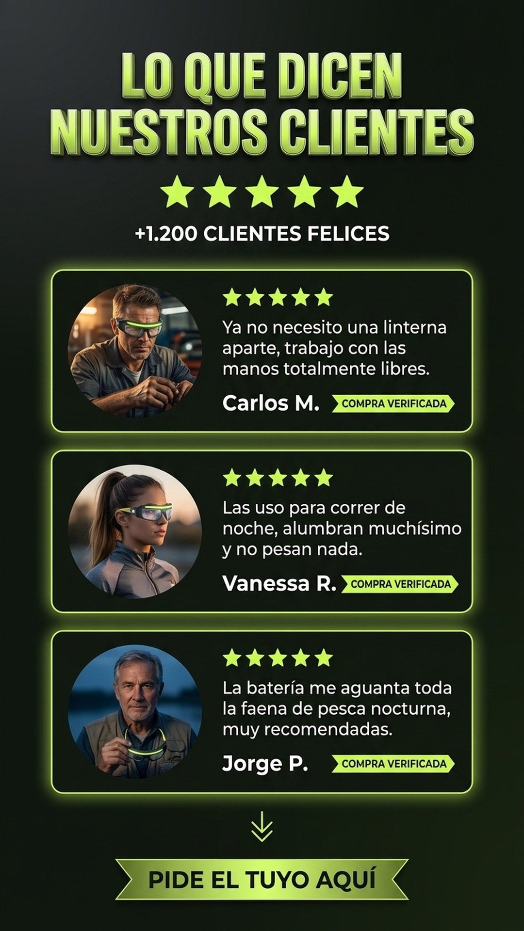Reseñas de clientes reales sobre las gafas de seguridad LED VOLTIX