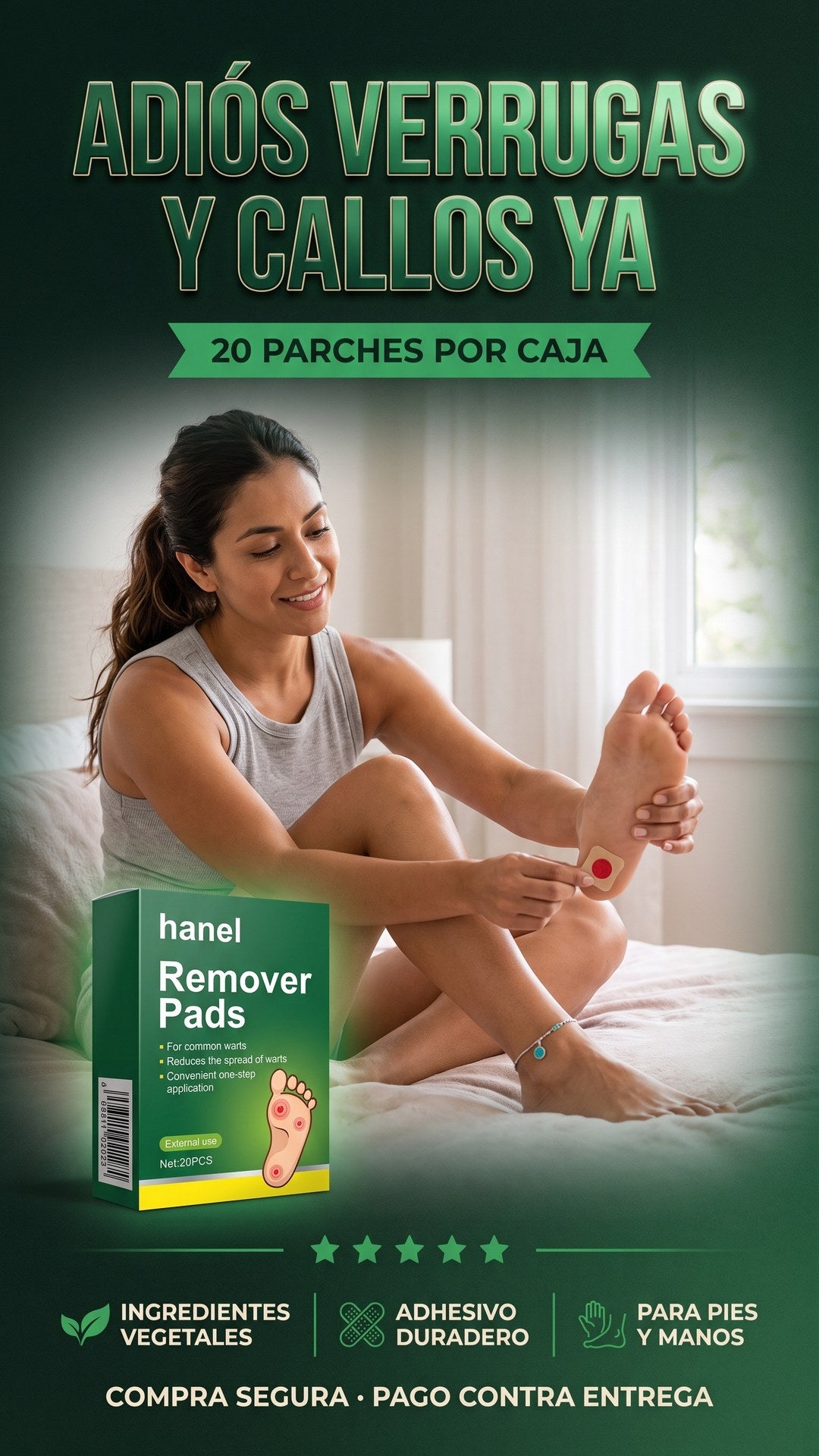 Mujer aplicándose un parche removedor de verrugas Hanel en el talón, caja verde del producto en primer plano
