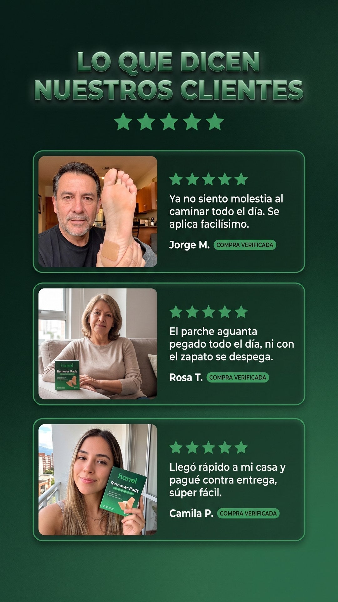 Reseñas de clientes de Ecuador sobre los Parches Removedores Hanel con calificación de 5 estrellas