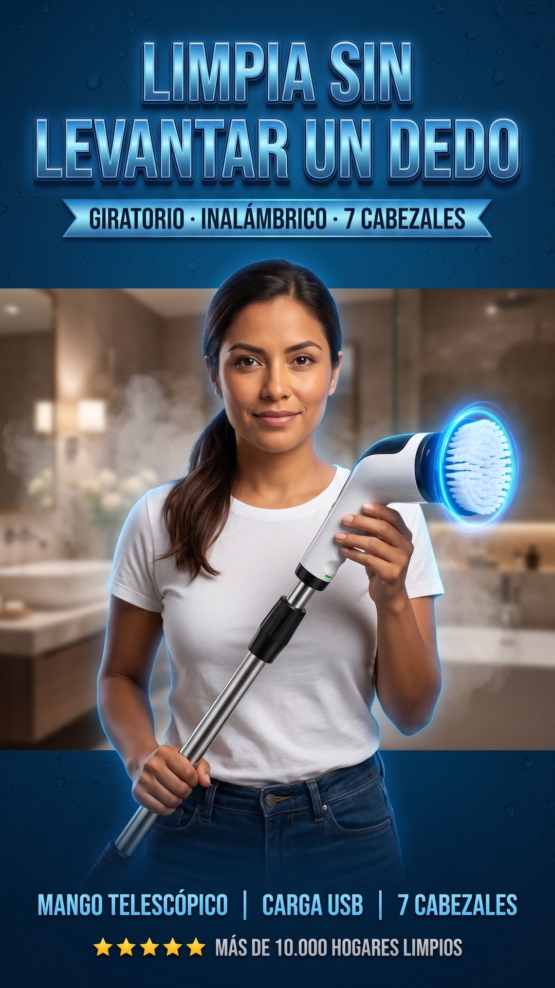 Mujer usando el cepillo eléctrico giratorio 7en1 con mango telescópico en el baño, sección hero