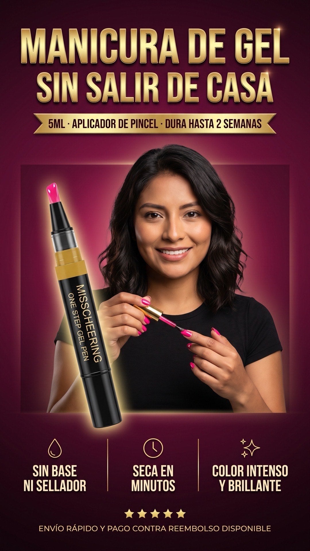 Lápiz de esmalte gel one step NAILGLOW, mujer aplicándose el gel rosa fuerte con el aplicador de pincel