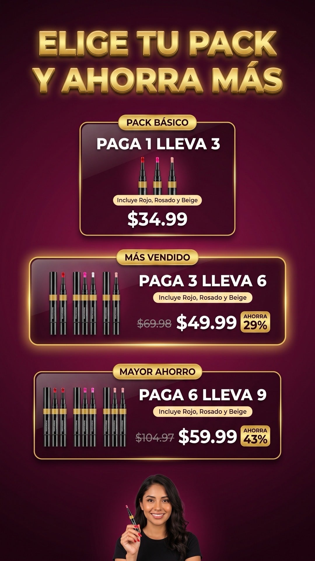Packs de 3, 6 y 9 lápices de esmalte gel NAILGLOW en rojo, rosado y beige con precios de oferta