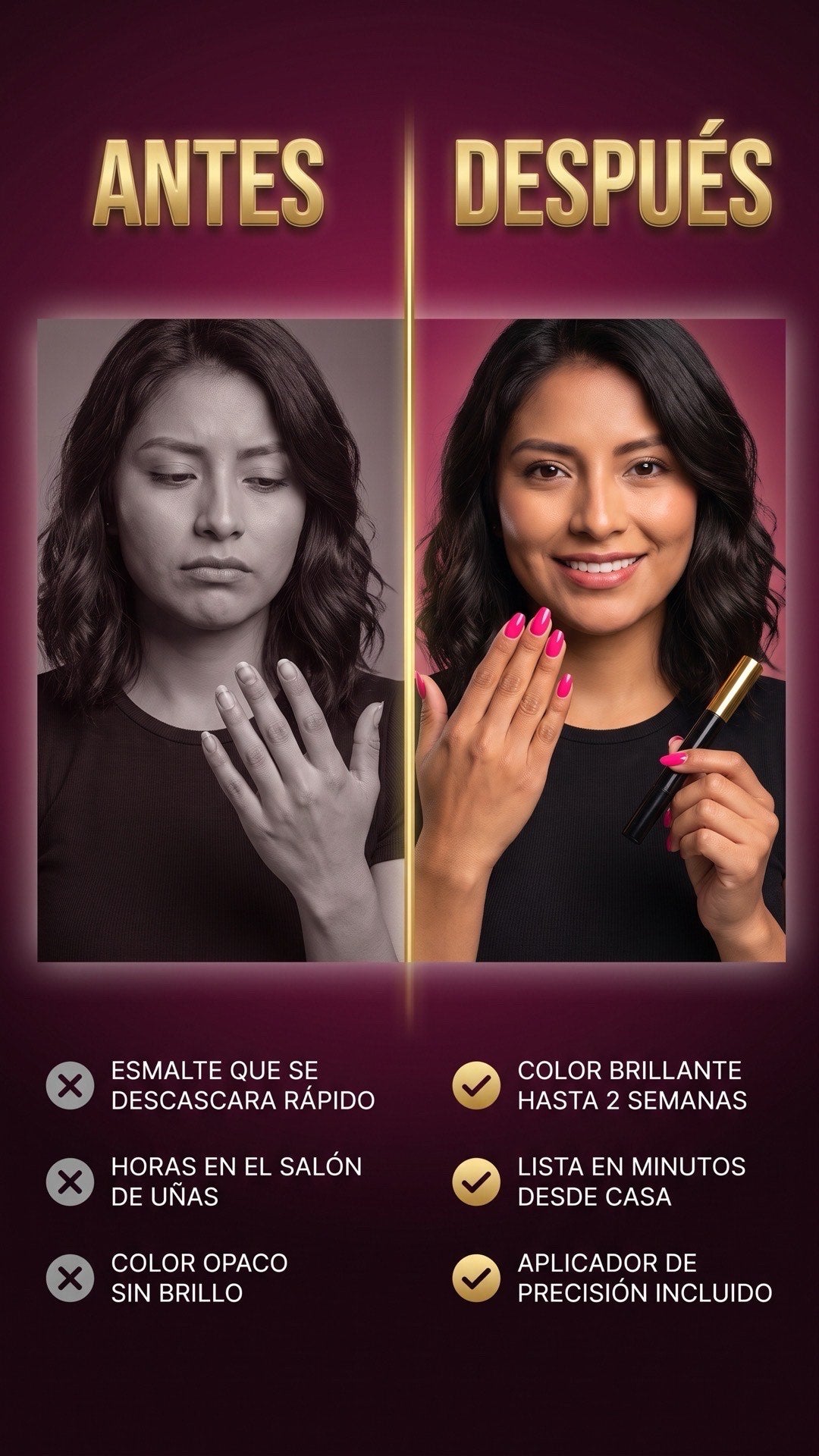 Antes y después de usar el lápiz de esmalte gel NAILGLOW en las uñas