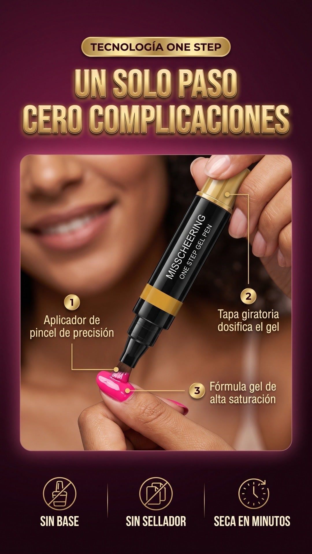 Cómo funciona el lápiz de esmalte gel one step NAILGLOW: aplicador, tapa giratoria y fórmula de alta saturación