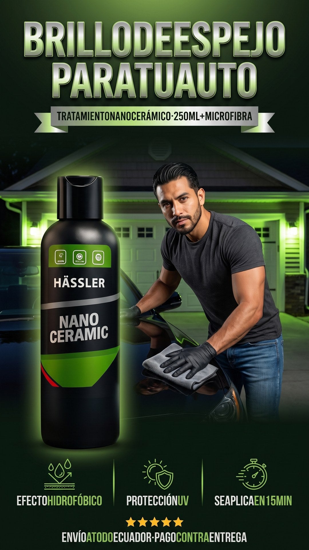 Hombre aplicando el Kit Nano Cerámico Hässler en el capó de su auto negro, con brillo tipo espejo y protección hidrofóbica