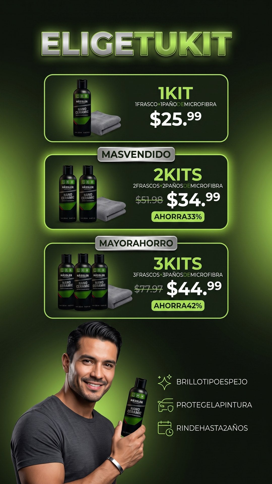 Packs de 1, 2 y 3 kits Nano Cerámico Hässler con paño de microfibra, precios de oferta y ahorro
