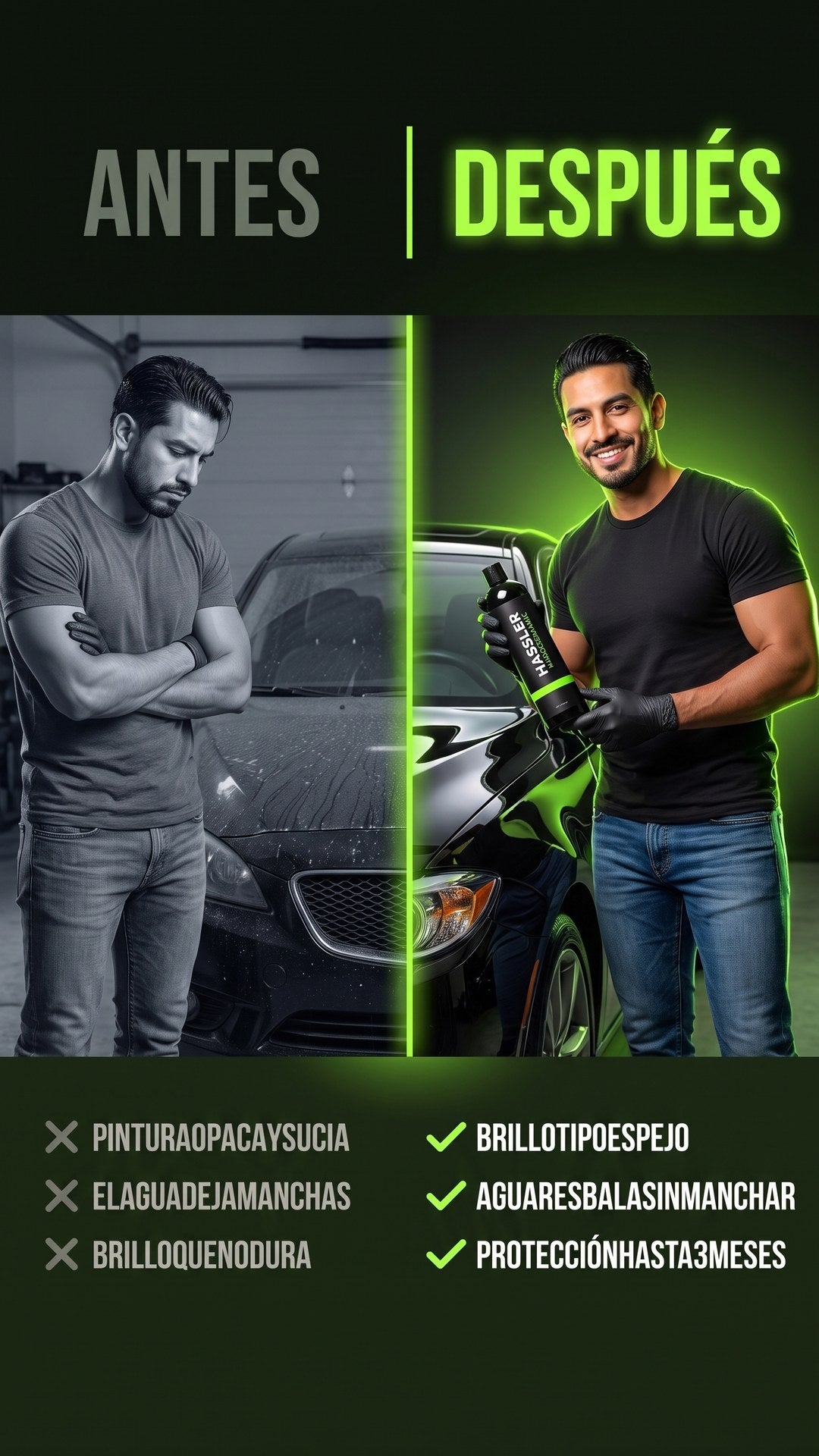 Antes y después de aplicar Nano Cerámico Hässler: pintura opaca y manchada versus brillo tipo espejo