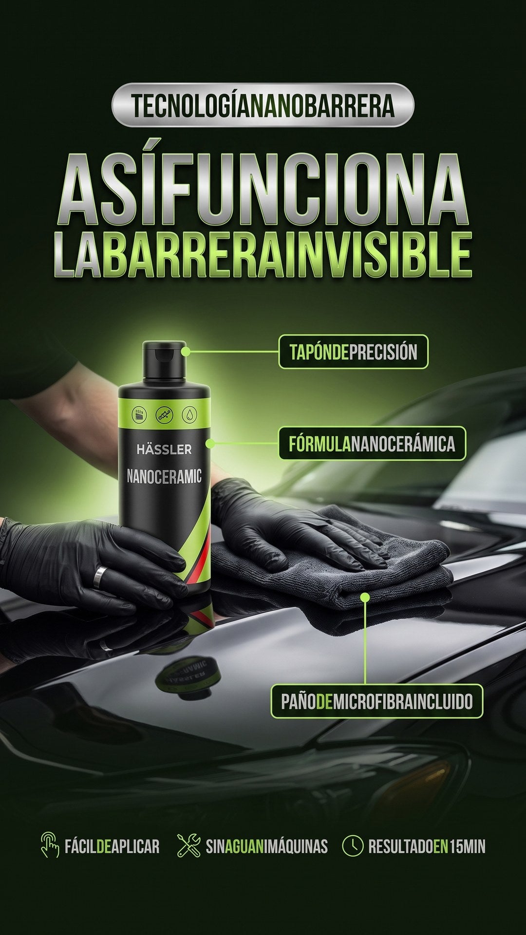 Cómo funciona el Nano Cerámico Hässler: fórmula nanocerámica, tapón de precisión y paño de microfibra incluido