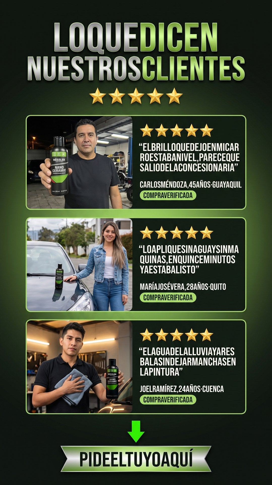Reseñas de clientes en Ecuador sobre el Nano Cerámico Hässler con calificación de 5 estrellas