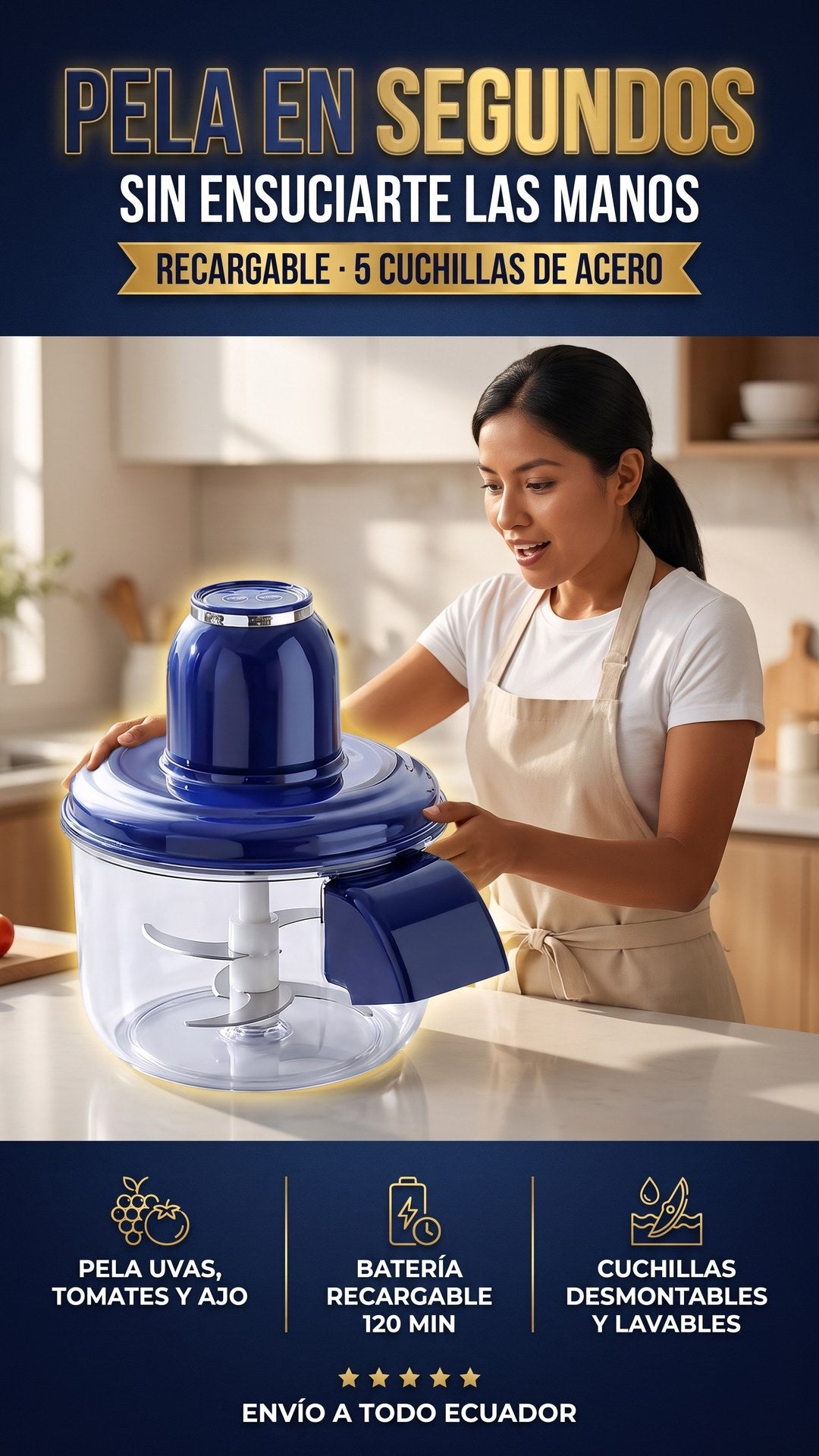 Mujer ecuatoriana sosteniendo la peladora eléctrica de frutas OFERTOP en su cocina, titular Pela en segundos sin ensuciarte las manos