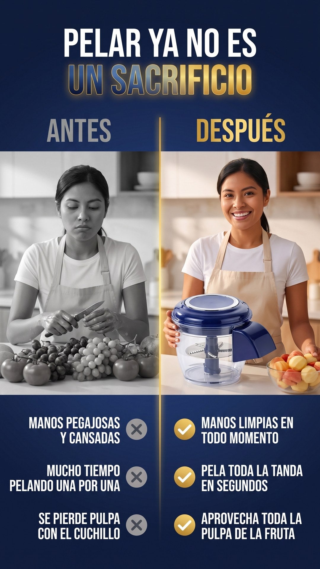 Antes y después de pelar frutas a mano versus con la peladora eléctrica OFERTOP, misma mujer en ambos lados