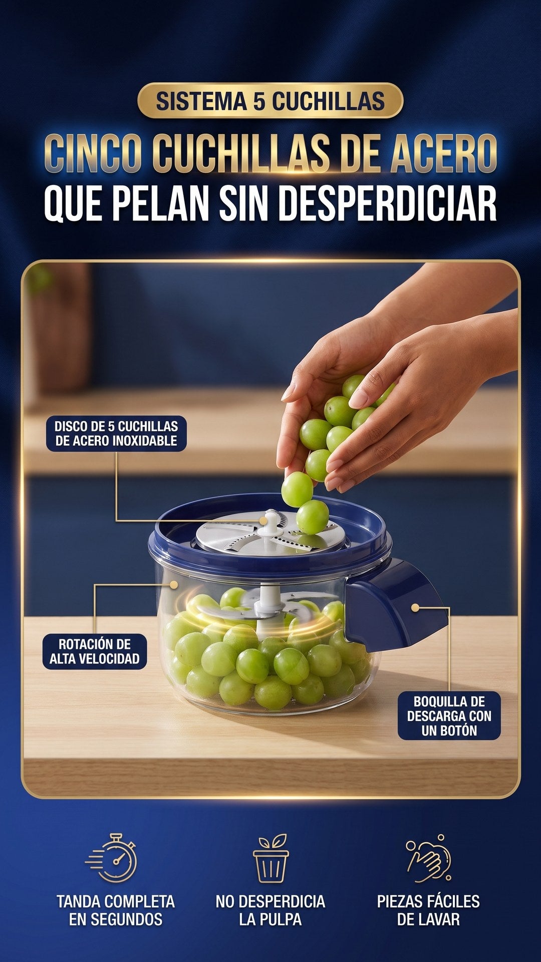 Primer plano del disco de 5 cuchillas de acero inoxidable de la peladora eléctrica OFERTOP pelando uvas