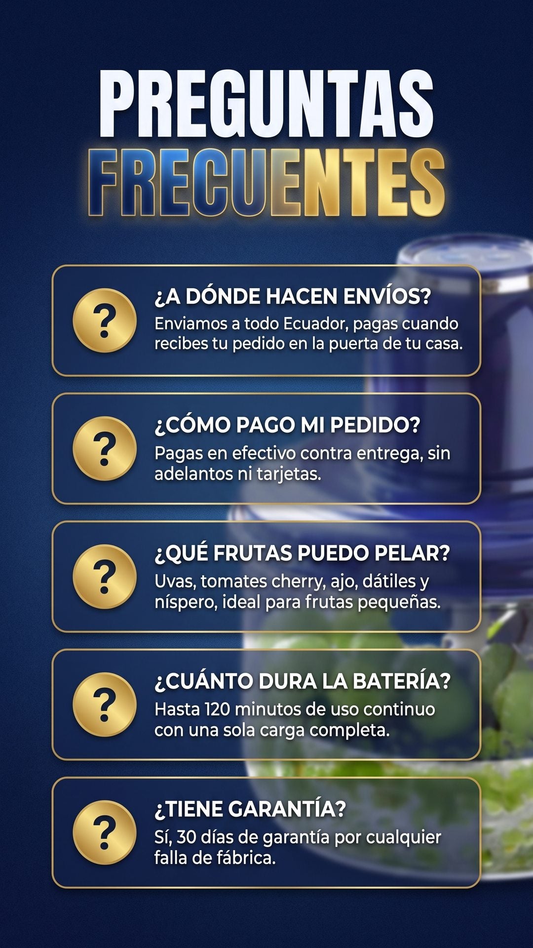 Preguntas frecuentes sobre envío, pago, frutas compatibles, batería y garantía de la peladora eléctrica OFERTOP