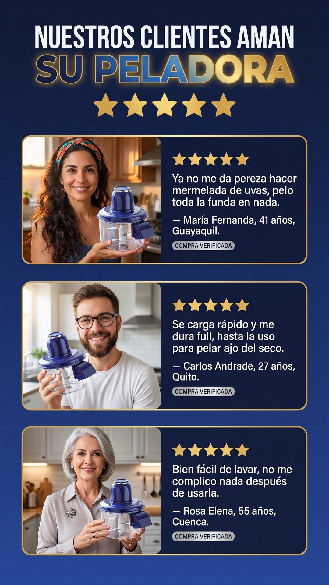 Reseñas de clientas de Ecuador sobre la peladora eléctrica OFERTOP con foto y calificación de 5 estrellas