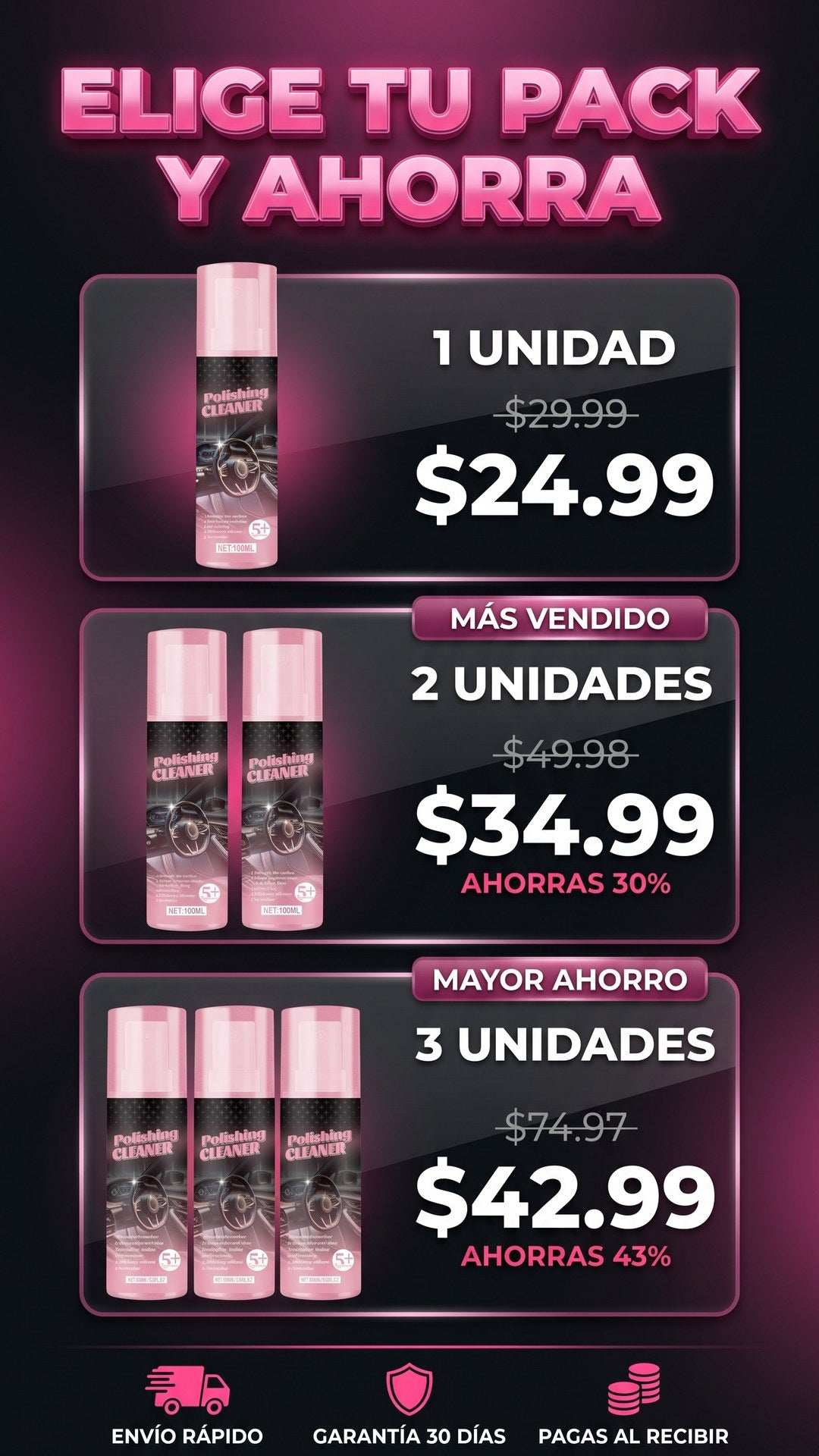 Packs de oferta GlossyCar Polishing Cleaner: 1, 2 y 3 unidades con precios y porcentaje de ahorro