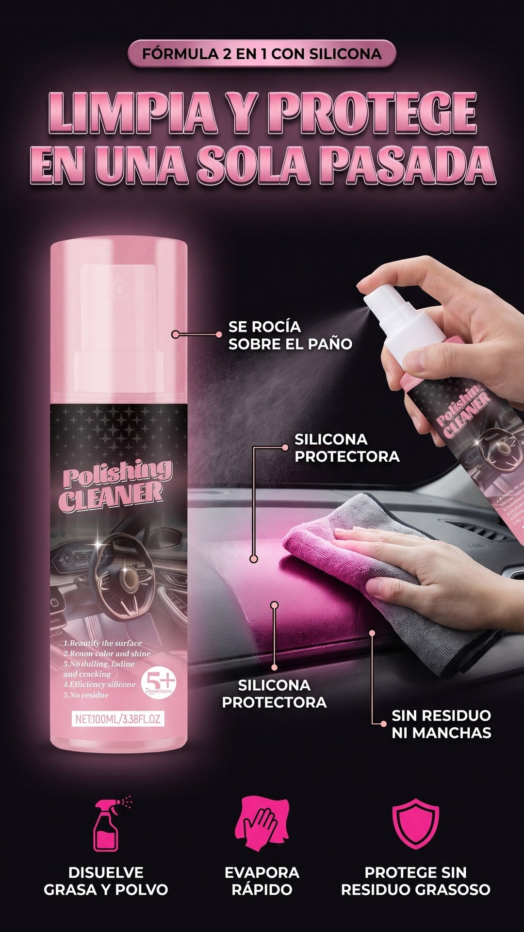 Aplicación de Polishing Cleaner sobre un paño de microfibra y brillo resultante en el tablero
