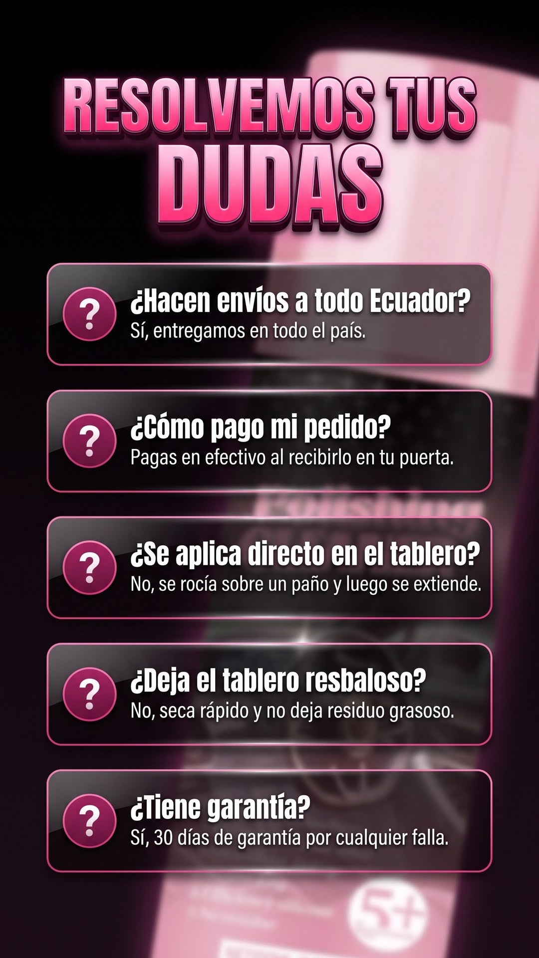 Preguntas frecuentes sobre envío, pago, uso y garantía de Polishing Cleaner