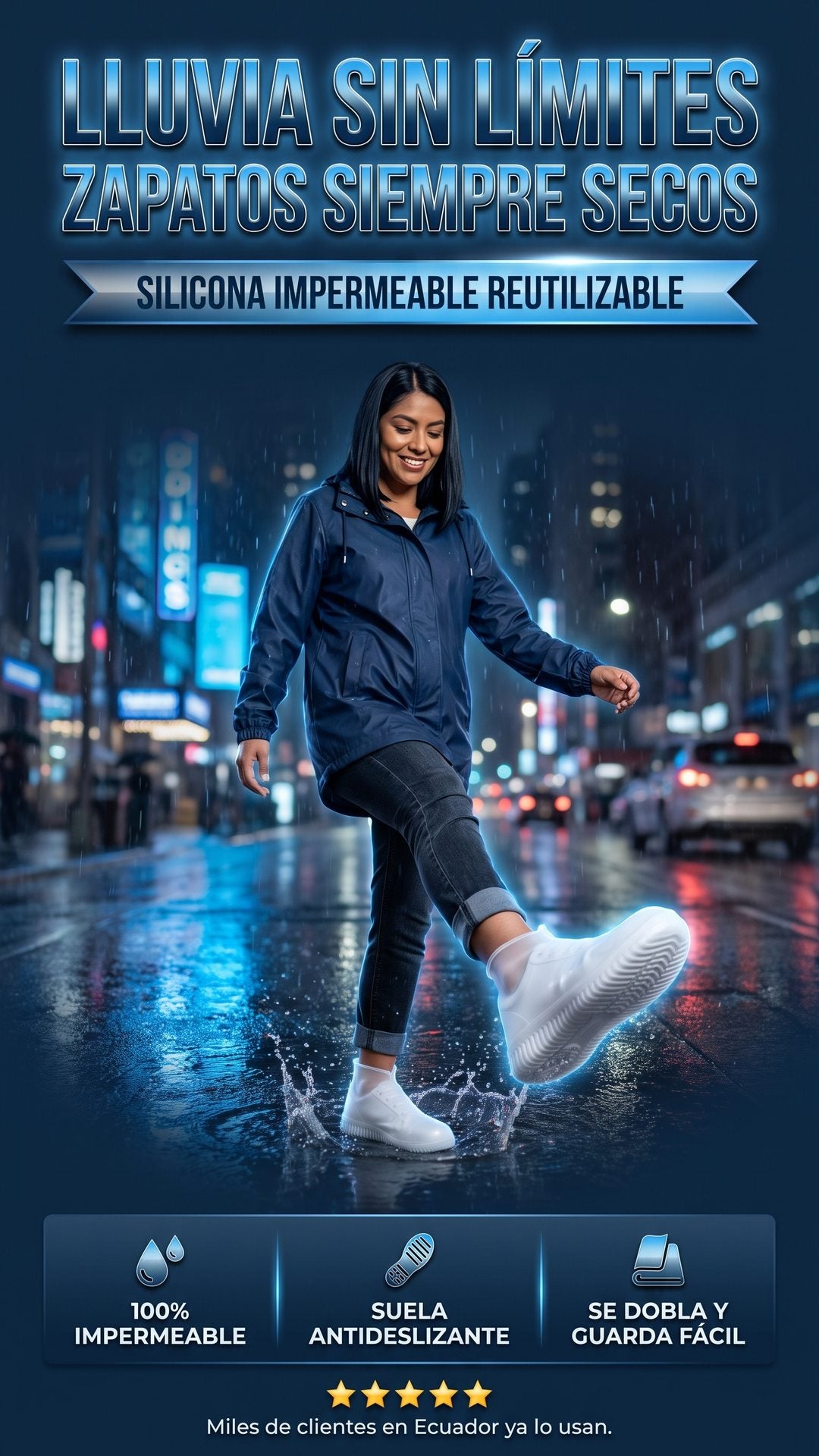 Mujer usando el cubrezapatos impermeable de silicona blanca, pisando un charco de lluvia con ambos pies protegidos