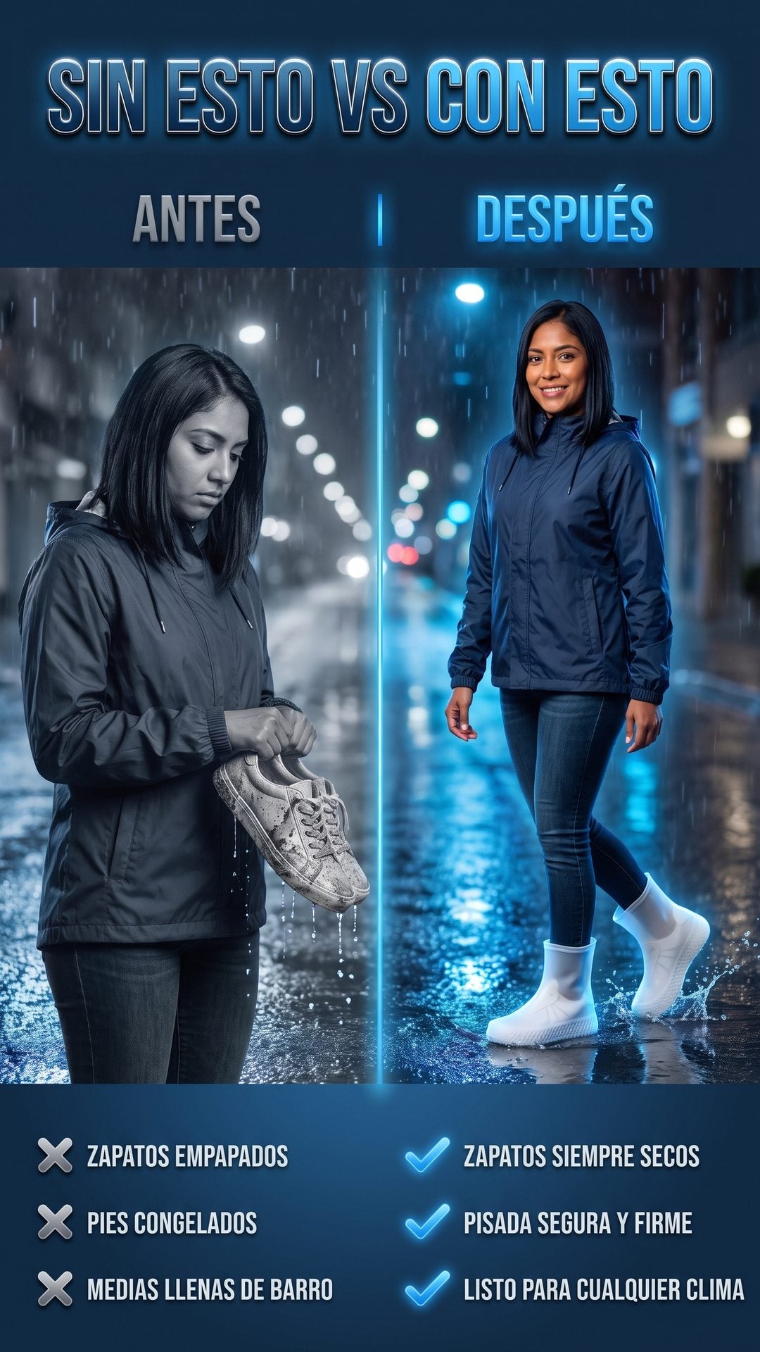 Antes y después: zapatos empapados de lluvia frente a zapatos secos con el cubrezapatos impermeable puesto