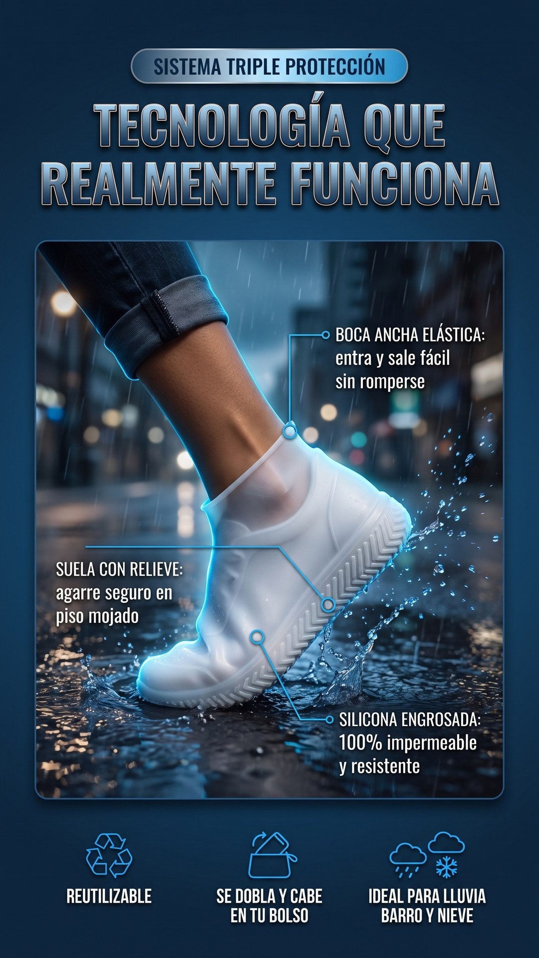 Primer plano del cubrezapatos impermeable mostrando boca ancha elástica, suela antideslizante y silicona engrosada