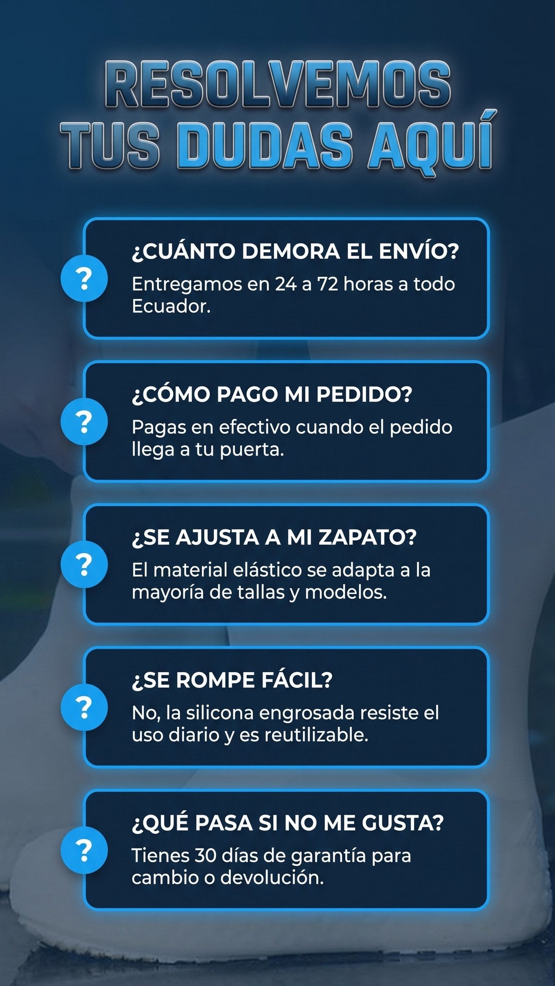 Preguntas frecuentes sobre envío, pago, ajuste, durabilidad y garantía del cubrezapatos impermeable