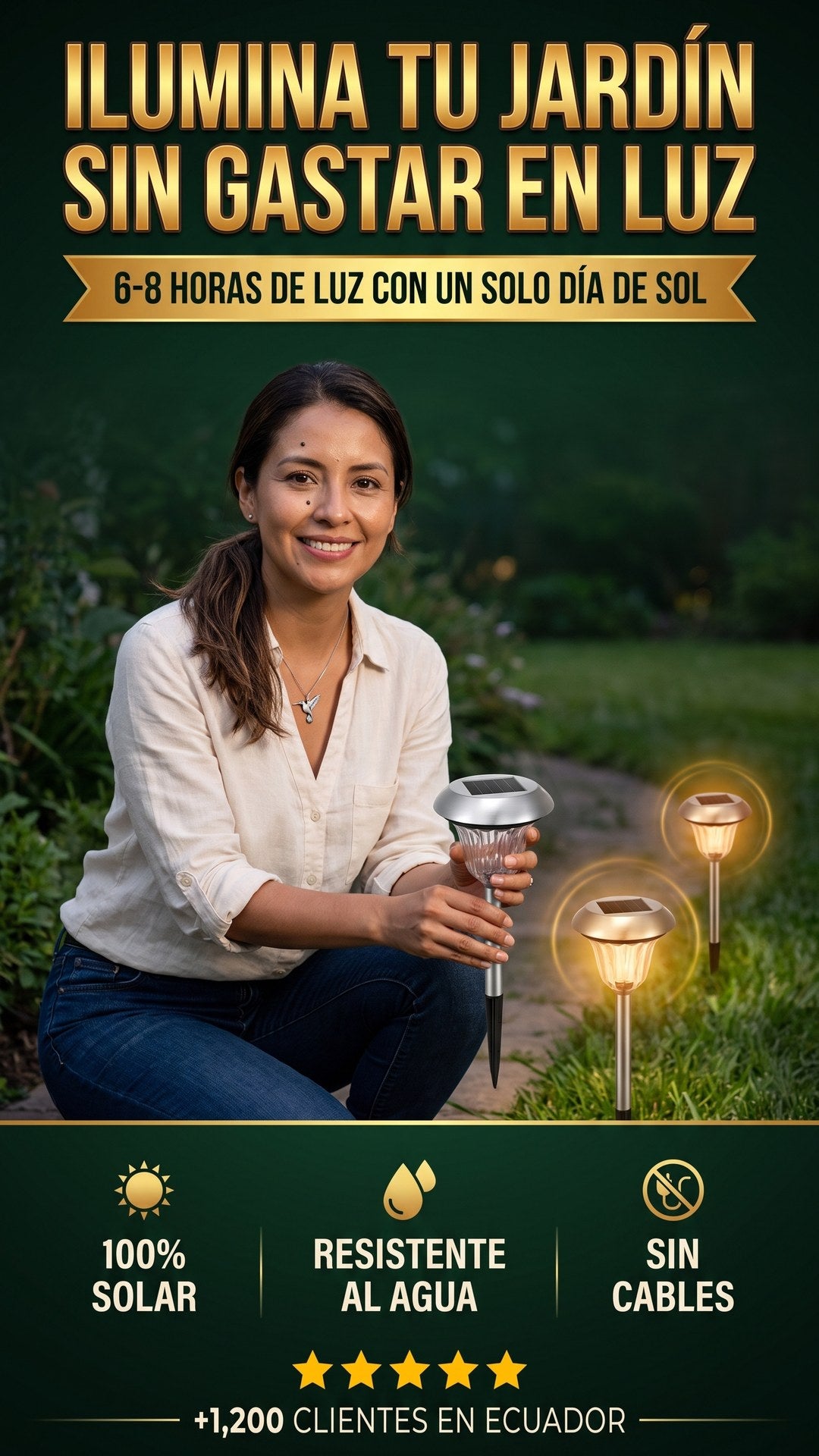 Mujer en jardín ecuatoriano al atardecer sosteniendo una luz solar SOLPATH de acero inoxidable junto a luces ya instaladas iluminando el camino