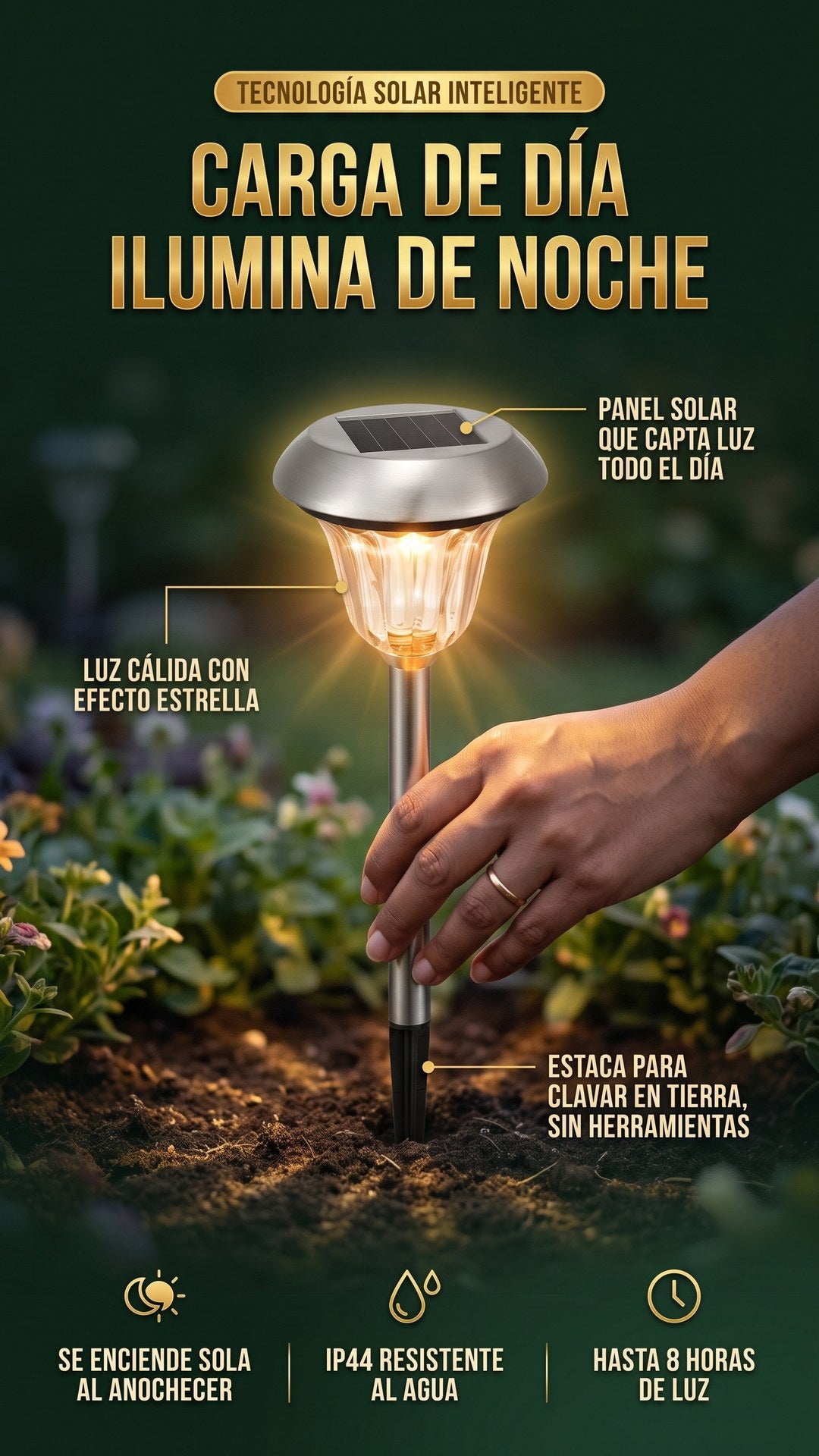 Primer plano de la luz solar SOLPATH clavada en tierra mostrando el panel solar, el lente facetado y la estaca