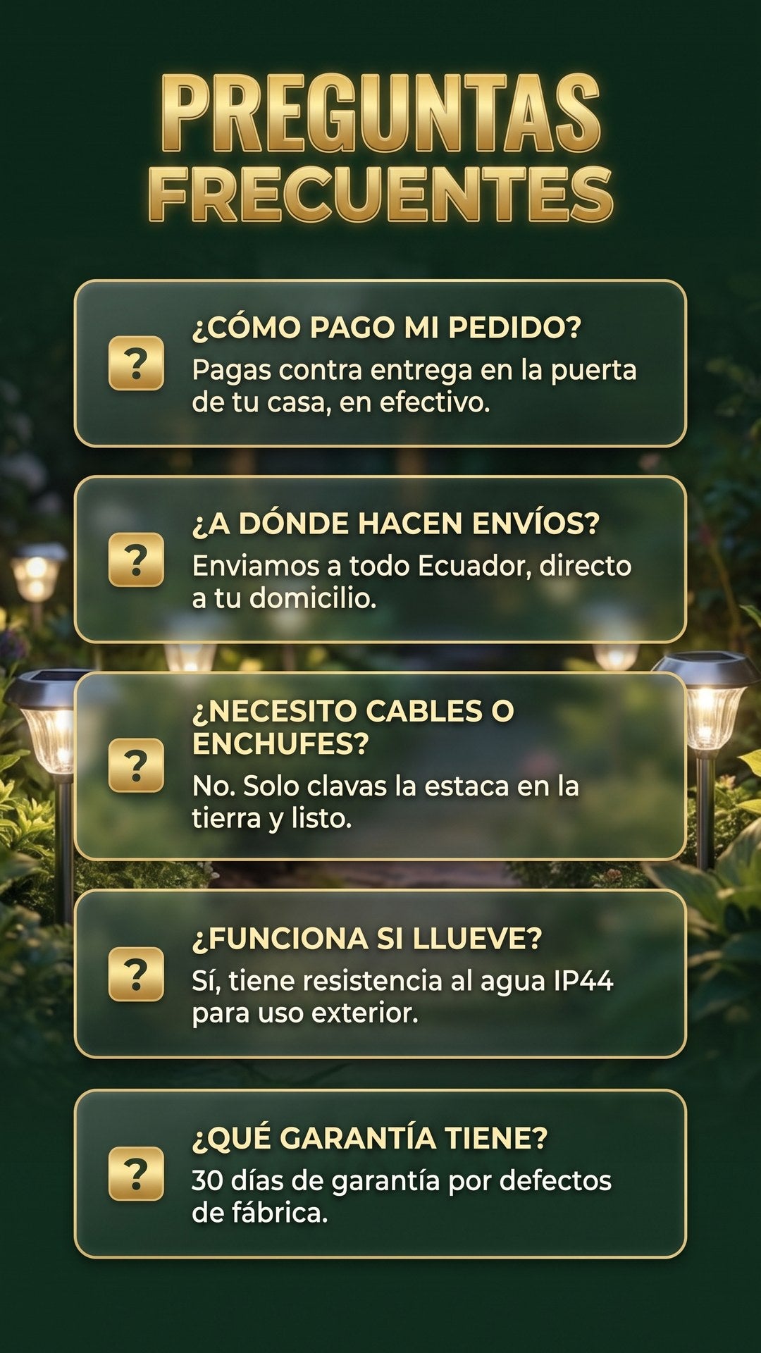 Preguntas frecuentes sobre pago, envío, instalación y garantía de las luces solares SOLPATH