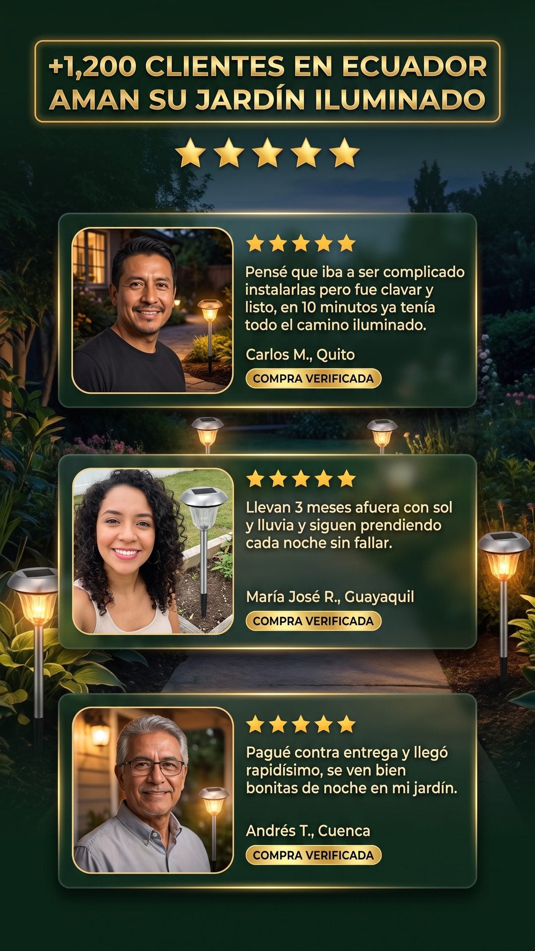 Reseñas de clientes en Ecuador sobre las luces solares de jardín SOLPATH