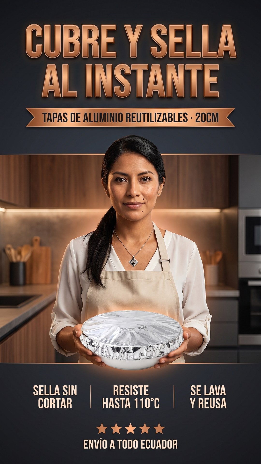 Mujer sosteniendo un bol cubierto con una tapa de aluminio reutilizable AluTap, sellado hermético para mantener la comida fresca