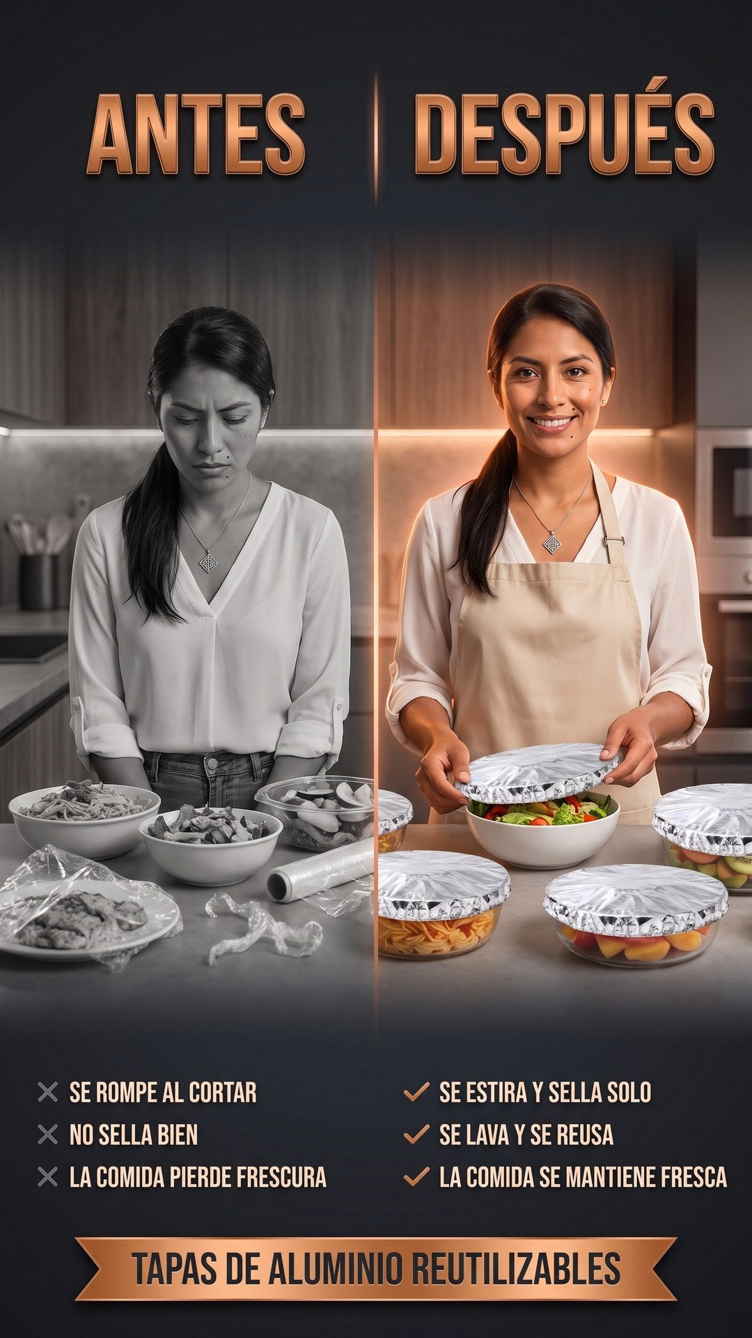 Antes y después: comida sin cubrir con film plástico arrugado versus comida cubierta con tapas de aluminio reutilizables AluTap